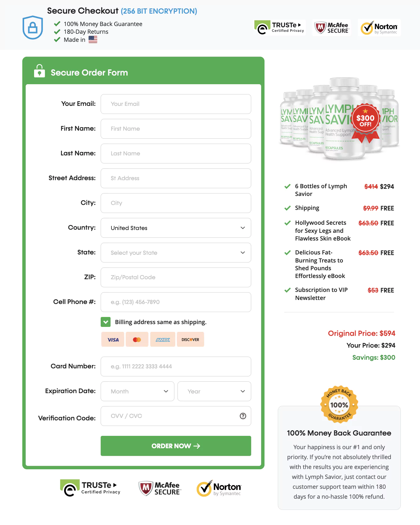 Secure checkout page for Lymph Savior supplement order with payment options